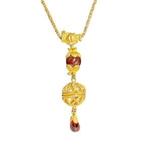 Vintage Gold Tone Statement Necklace Red Glass Drop Ornate Victorian Style 26”